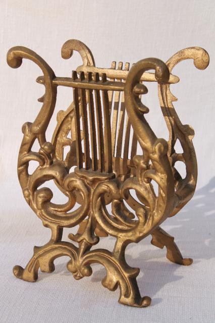 photo of vintage gold rococo ornate cast metal lyre harp music stand / magazine rack #1