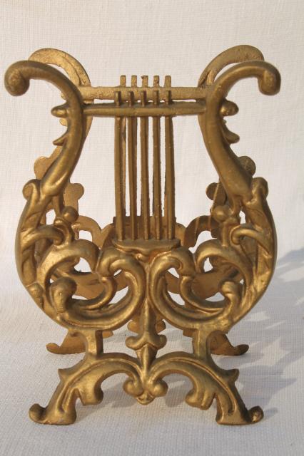 photo of vintage gold rococo ornate cast metal lyre harp music stand / magazine rack #4