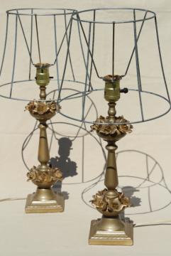 catalog photo of vintage gold roses table lamps w/ wire shades, shabby french / hollywood regency