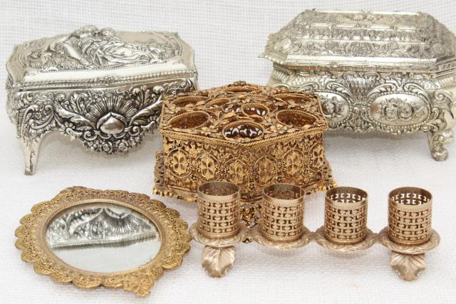 photo of vintage gold & silver metal vanity table accessories, lipstick holders, tray, jewelry boxes #7