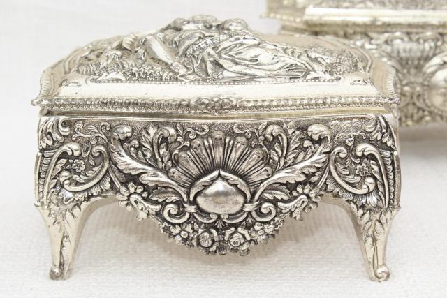 photo of vintage gold & silver metal vanity table accessories, lipstick holders, tray, jewelry boxes #8