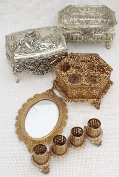 catalog photo of vintage gold & silver metal vanity table accessories, lipstick holders, tray, jewelry boxes