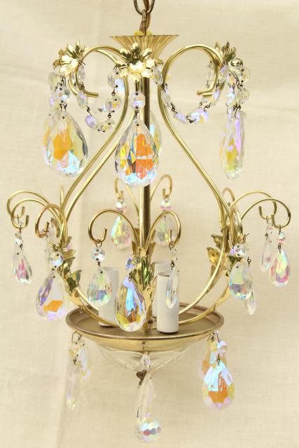 photo of vintage gold swag lamp chandelier, hanging light w/ iridescent glass teardrop prisms #1