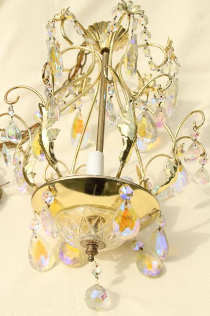 photo of vintage gold swag lamp chandelier, hanging light w/ iridescent glass teardrop prisms #2