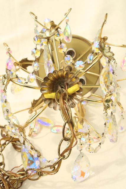 photo of vintage gold swag lamp chandelier, hanging light w/ iridescent glass teardrop prisms #4