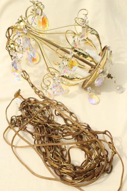 photo of vintage gold swag lamp chandelier, hanging light w/ iridescent glass teardrop prisms #5