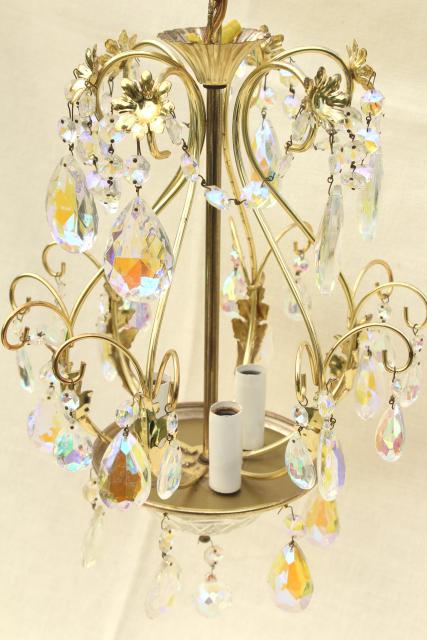 photo of vintage gold swag lamp chandelier, hanging light w/ iridescent glass teardrop prisms #6