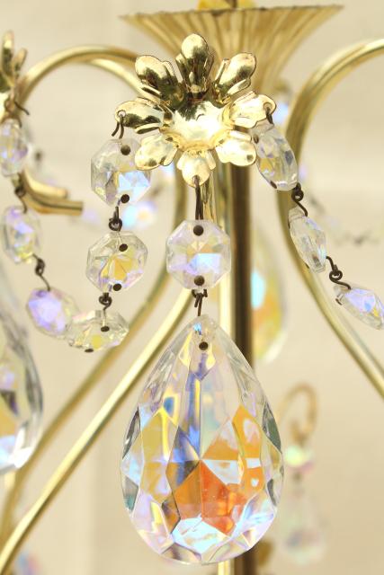 photo of vintage gold swag lamp chandelier, hanging light w/ iridescent glass teardrop prisms #7