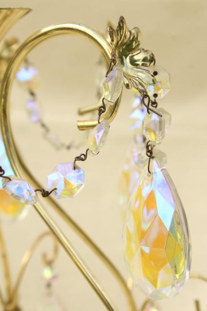 photo of vintage gold swag lamp chandelier, hanging light w/ iridescent glass teardrop prisms #9