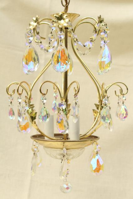 photo of vintage gold swag lamp chandelier, hanging light w/ iridescent glass teardrop prisms #10