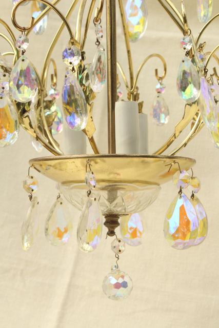 photo of vintage gold swag lamp chandelier, hanging light w/ iridescent glass teardrop prisms #11