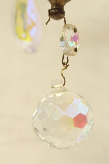 photo of vintage gold swag lamp chandelier, hanging light w/ iridescent glass teardrop prisms #12