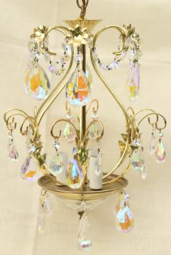 vintage gold swag lamp chandelier, hanging light w/ iridescent glass teardrop prisms