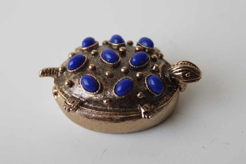 photo of vintage gold tone metal turtle trinket or pill box, lapis blue faux gemstones  #1