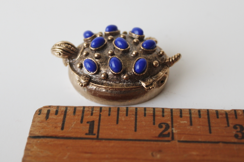 photo of vintage gold tone metal turtle trinket or pill box, lapis blue faux gemstones  #2