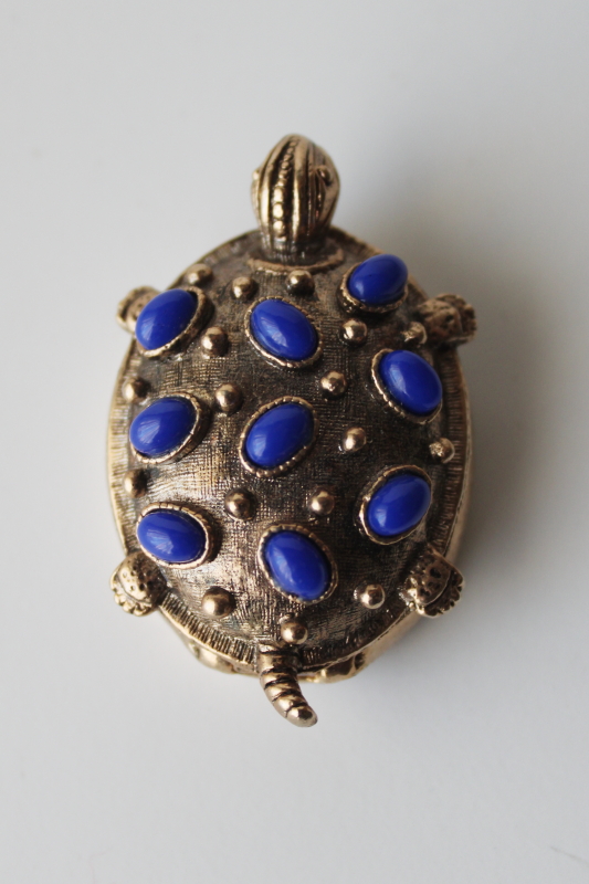 photo of vintage gold tone metal turtle trinket or pill box, lapis blue faux gemstones  #3