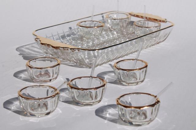 photo of vintage gold trimmed glass salt dishes, pressed pattern salts w/ tiny spoons & tray #1