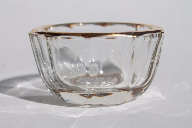 photo of vintage gold trimmed glass salt dishes, pressed pattern salts w/ tiny spoons & tray #2