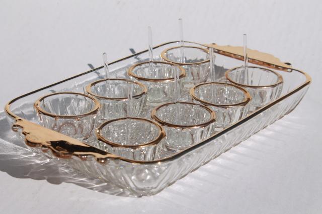 photo of vintage gold trimmed glass salt dishes, pressed pattern salts w/ tiny spoons & tray #7