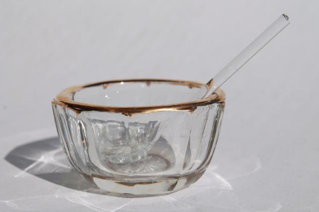 photo of vintage gold trimmed glass salt dishes, pressed pattern salts w/ tiny spoons & tray #10