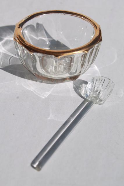 photo of vintage gold trimmed glass salt dishes, pressed pattern salts w/ tiny spoons & tray #12