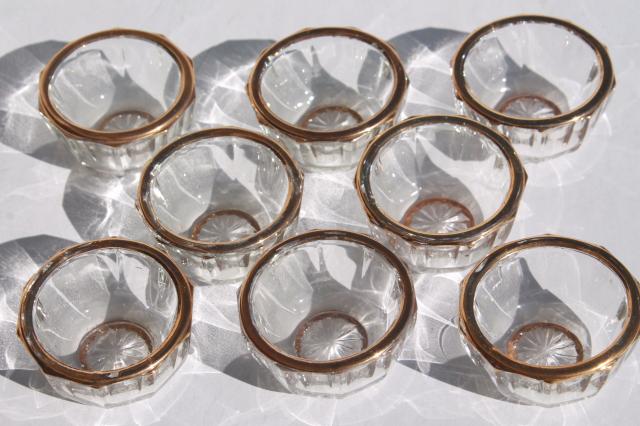 photo of vintage gold trimmed glass salt dishes, pressed pattern salts w/ tiny spoons & tray #13