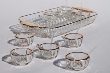 catalog photo of vintage gold trimmed glass salt dishes, pressed pattern salts w/ tiny spoons & tray
