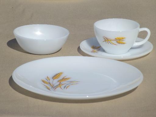 photo of vintage gold wheat Fire-King glass dishes set for 4 plates, bowls, cups #4