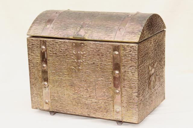 photo of vintage golden brass treasure chest trunk, embossed tooled metal box #1