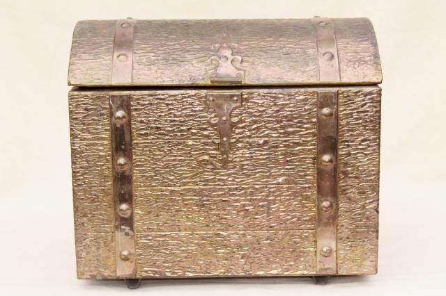 photo of vintage golden brass treasure chest trunk, embossed tooled metal box #4