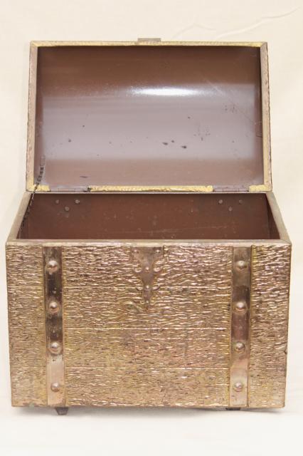 photo of vintage golden brass treasure chest trunk, embossed tooled metal box #6