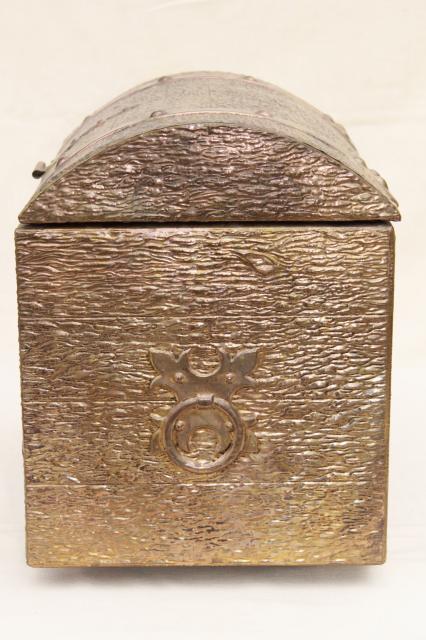 photo of vintage golden brass treasure chest trunk, embossed tooled metal box #7