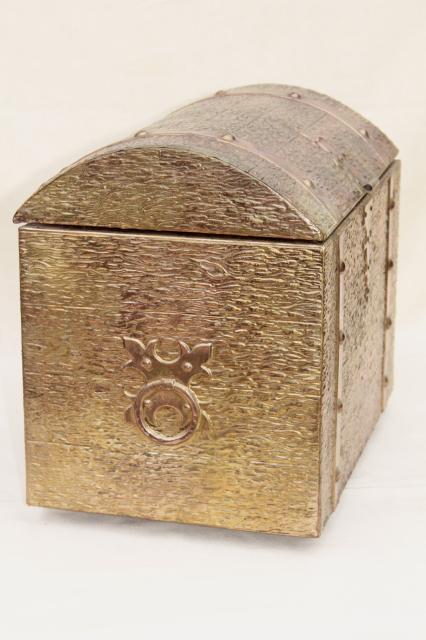 photo of vintage golden brass treasure chest trunk, embossed tooled metal box #9