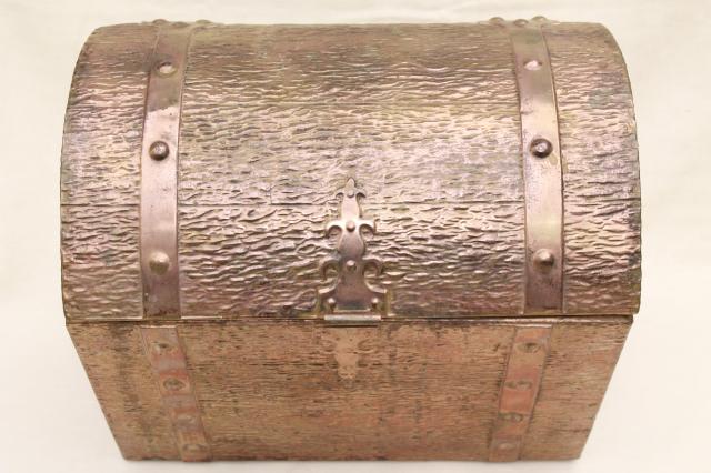 photo of vintage golden brass treasure chest trunk, embossed tooled metal box #11