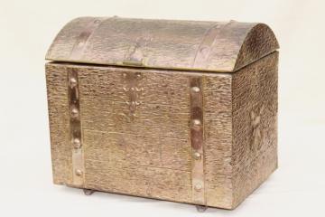 catalog photo of vintage golden brass treasure chest trunk, embossed tooled metal box