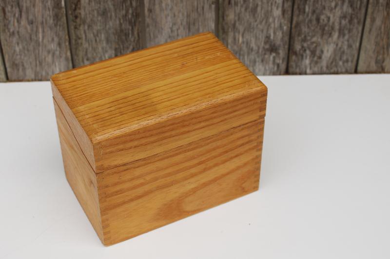photo of vintage golden oak finger jointed box, card catalog file or box for recipe cards #1