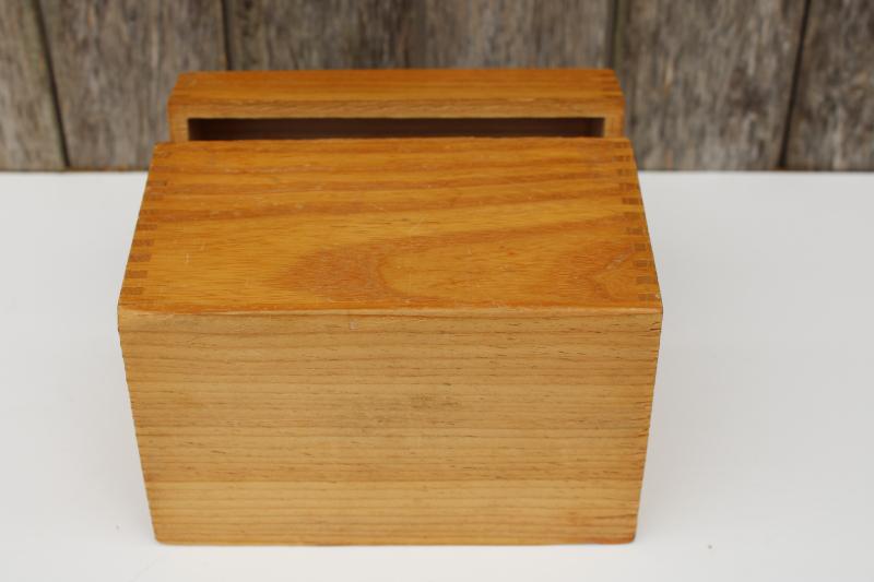 photo of vintage golden oak finger jointed box, card catalog file or box for recipe cards #5