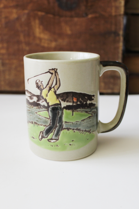 photo of vintage golfer coffee cup, 1970s Otagiri Japan stoneware mug retro art #1