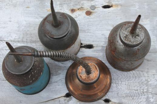 photo of vintage gooseneck oil can, lot of 4 primitive vintage oil cans from garage or farm shop #2