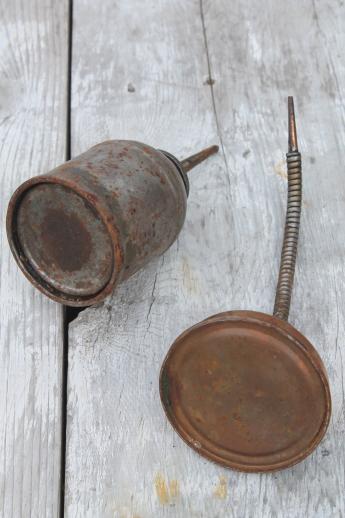 photo of vintage gooseneck oil can, lot of 4 primitive vintage oil cans from garage or farm shop #6
