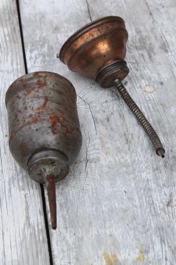 photo of vintage gooseneck oil can, lot of 4 primitive vintage oil cans from garage or farm shop #7