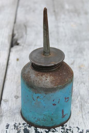 photo of vintage gooseneck oil can, lot of 4 primitive vintage oil cans from garage or farm shop #9