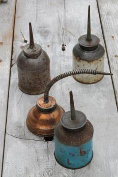 catalog photo of vintage gooseneck oil can, lot of 4 primitive vintage oil cans from garage or farm shop