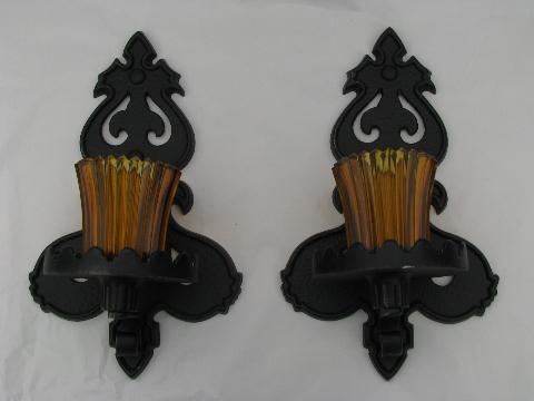 photo of vintage gothic art metal wall sconces w/ amber glass candle lanterns #1