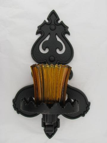 photo of vintage gothic art metal wall sconces w/ amber glass candle lanterns #2