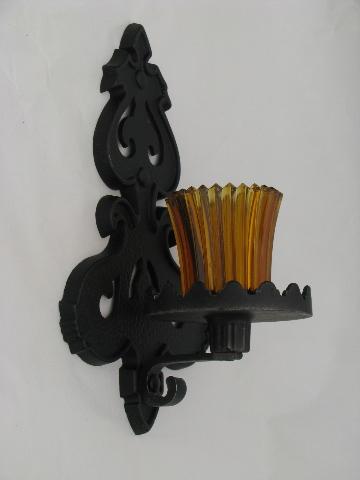 photo of vintage gothic art metal wall sconces w/ amber glass candle lanterns #3