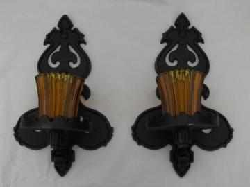 catalog photo of vintage gothic art metal wall sconces w/ amber glass candle lanterns