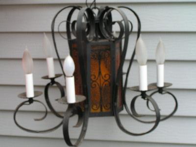 photo of vintage gothic chandelier, painted glass panels #1
