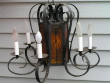 catalog photo of vintage gothic chandelier, painted glass panels