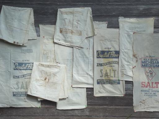 photo of vintage grain bag fabric, old farm salt feed sacks w/ printed advertising #1